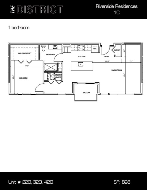 Floor plan for 1 bed, 1 bath, 898 sqft